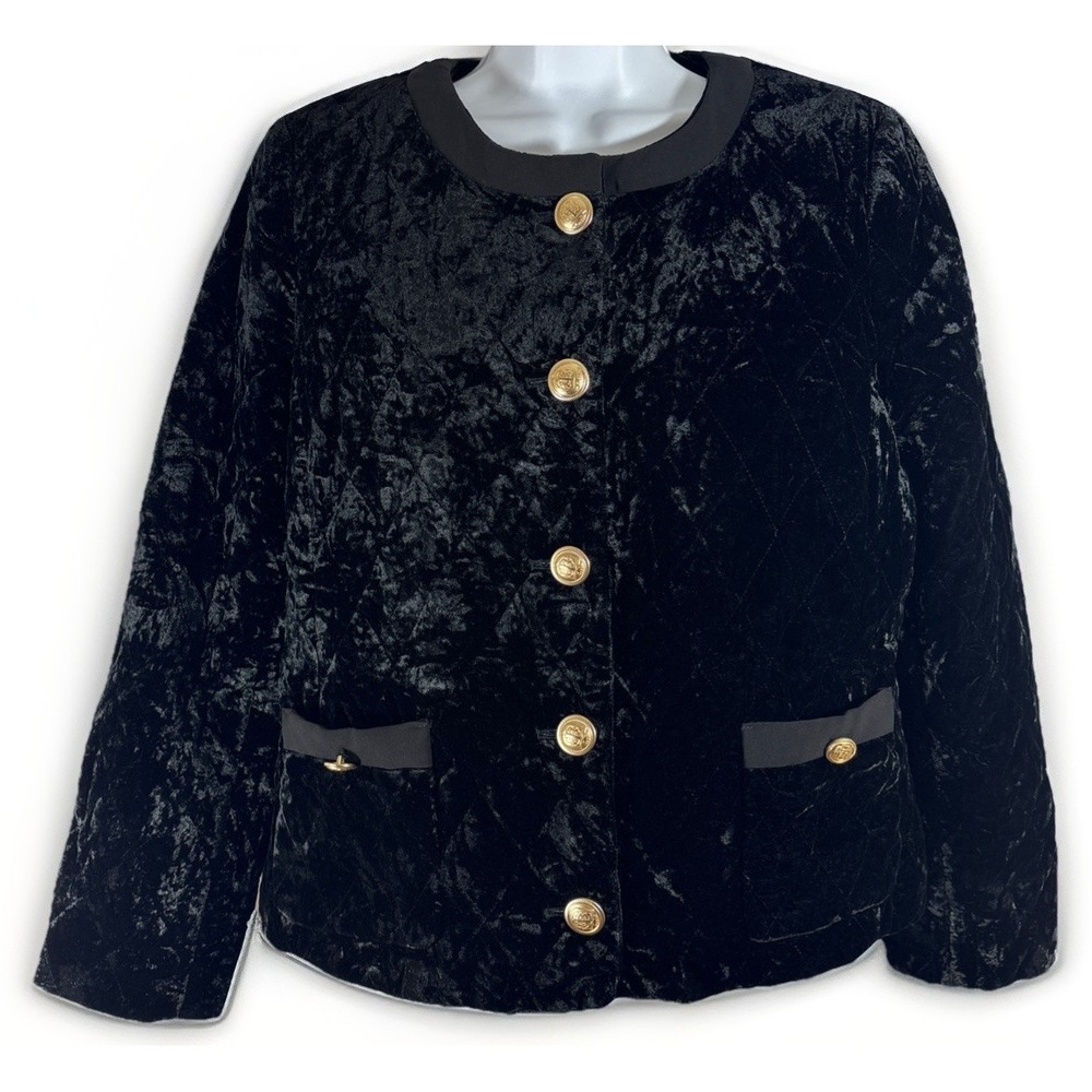 Talbots Black Crushed Velvet Quilted‎ Jacket Sz Petite S Bow Trim Gold Buttons